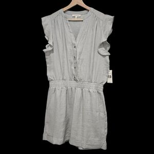Light Gray Button-Front Ruffle Sleeve Linen Romper